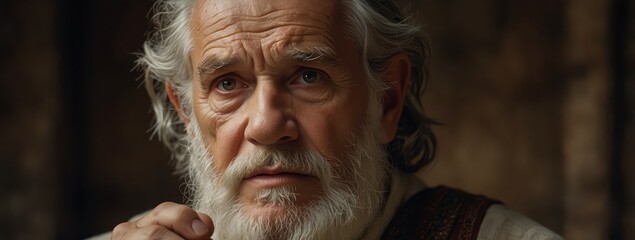 A close-up image of a biblical old man with striking facial features