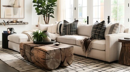Luxurious Open-Concept Living Room with Tropical Aesthetics
