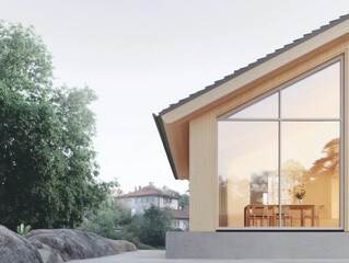 Fototapeta premium Modern wooden house with large windows in tranquil natural setting at sunrise