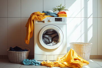The washing machine is full of laundry. There is laundry on the floor in front of the machine.
