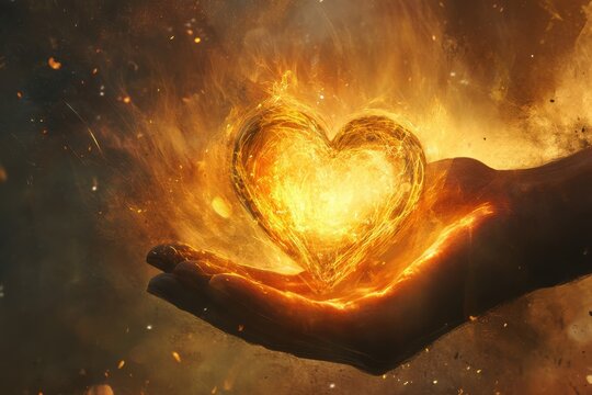 Warm sunlight reflecting on a hand holding a glowing heart, surrounded by soft golden tones and radiant energy