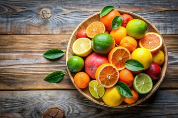 Brightly colored citrus fruits arranged in a bowl, isolated on a wooden table, edible, vibrant, food, citrus, fruit