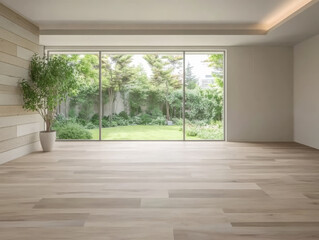 Fototapeta premium Bright modern living room with large windows overlooking a lush garden view