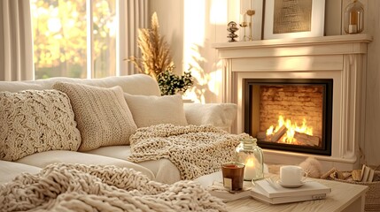 Cozy Beige Sofa with Knitted Throw Blanket and Glowing Fireplace in Inviting Living Room