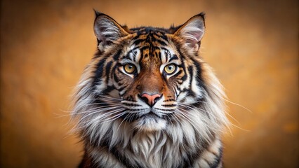 Obraz premium Majestic Black Siberian Tiger Cat with White Markings on Light Brown Background - Stock Photo