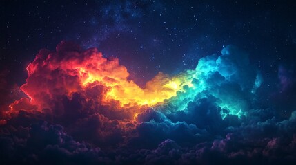 Fototapeta premium Bright neon-colored clouds with glowing lightning and stars. Perfect for dreamlike, magical, and artistic visuals.