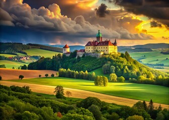 Naklejka premium Majestic Central Bohemian Uplands Chateau, Rolling Hills, Dramatic Sky, Czech Republic