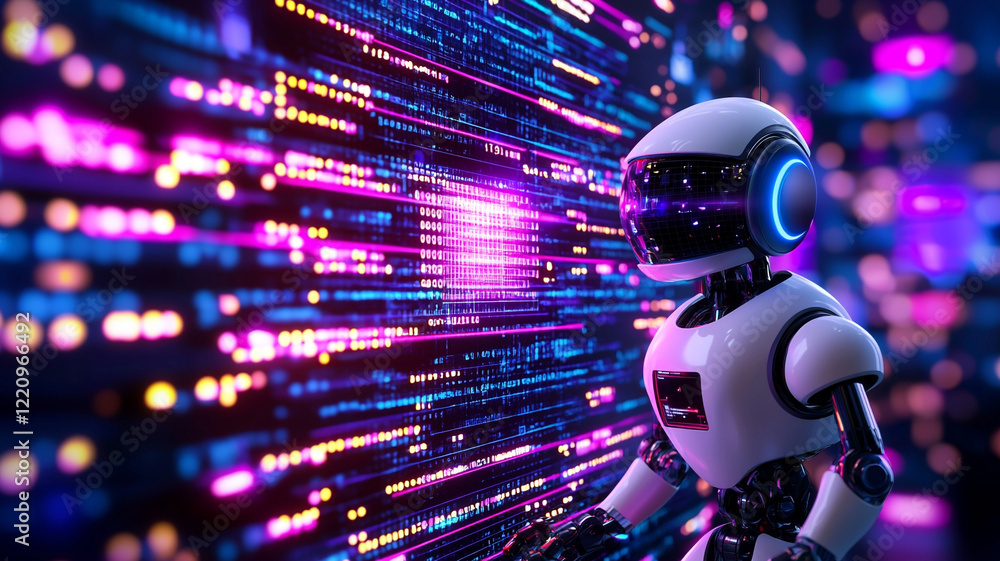Poster futuristic robot interacting with vibrant digital data stream
