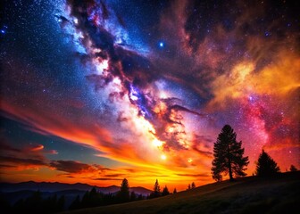 Majestic Cosmic Silhouette: Vibrant Nature Landscape at Sunset