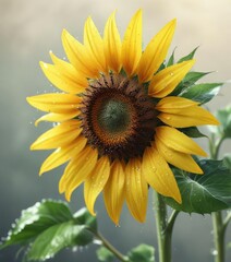 Obraz premium Charming watercolor painting of a sunflower with dew drops on its petals, nature, charming, painting