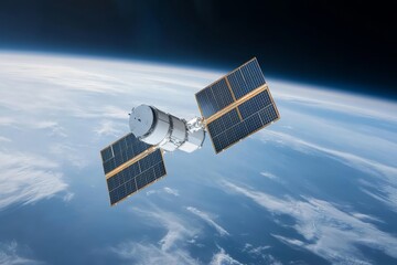 Satellite orbiting Earth showcasing solar panels and stunning view of the planet below during daylight