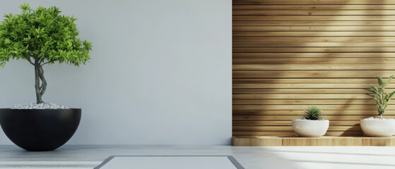 Minimalist interior design featuring plants in a modern living space with wooden accents