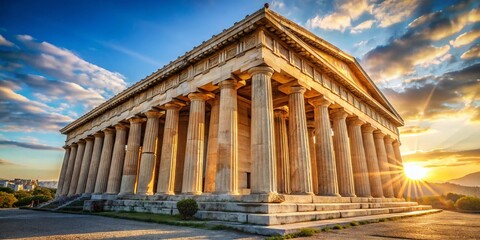 Obraz premium Majestic Doric Temple: Ancient Greek Architecture, Marble Facade, Sunlit Columns