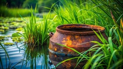 Fototapeta premium Rusty Vintage Iron Furnace Pot with Water, Hidden in Grass - Close-Up Stock Photo