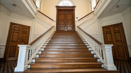 Classic wooden staircase with brown treads and white risers leading up to a large wooden door at the top of the stairs, elegant-architecture, classic-design