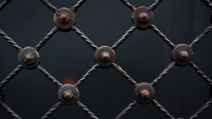 A close up of a chain link fence with many small metal spikes