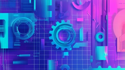 Obraz premium Vibrant thumbnail illustration of gears and circuits with tools on a grid background