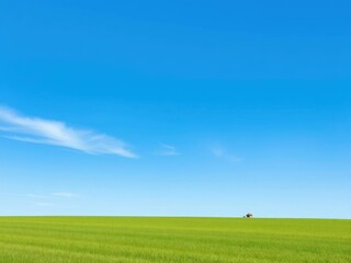 Clear blue sky with a few wispy clouds and a vast expanse of green grass, green grass, cloudy sky