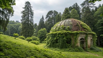Overgrown dome surrounded by vibrant greenery and majestic trees, green oasis, natural growth, lush undergrowth