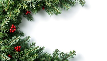 Festive Green Pine Branches Red Berries White Background Christmas Design