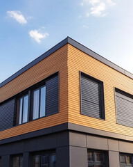 Obraz premium Modern residential building with wooden and dark paneling in bright daylight