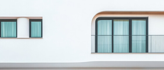 Fototapeta premium Modern architectural design featuring a minimalist balcony with large windows and soft curves