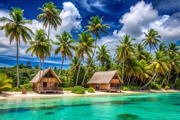 Naklejka premium Samoa Upolu Beach Houses: Tropical Paradise Coconut Palm Trees