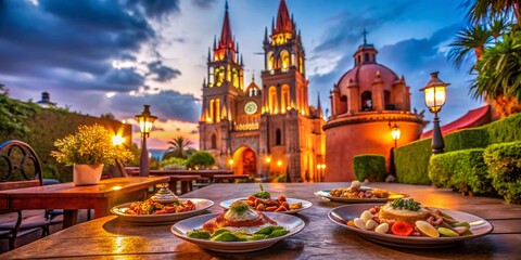 Obraz premium San Miguel de Allende Pink Church, Smooth Gimbal Footage, Mexican Architecture, Food Photography