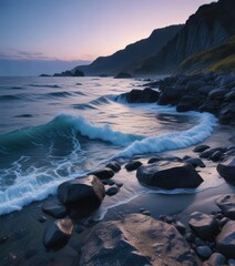 Ocean waves gently lap against rocky shoreline during blue hour , foamy, glen margaret bay, waves