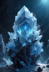 an ethereal blue mist swirling around a glowing crystal formation , crystal, abstract, mist