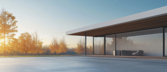 Fototapeta premium Modern architecture blends with nature at sunset in serene landscape