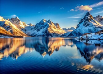 Fototapeta premium Majestic March Fjord: Snow-Capped Mountains Mirrored in Calm Waters