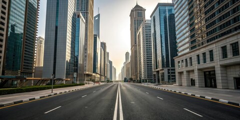 Fototapeta premium Modern city street with an asphalt road flanked by tall skyscrapers on either side, city street, skyscraper, modern architecture