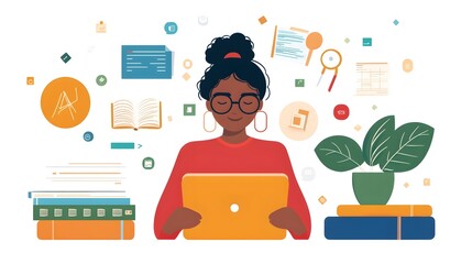 Student Using Interactive Digital Tablet for Online Educational Class with Colorful Virtual Tools