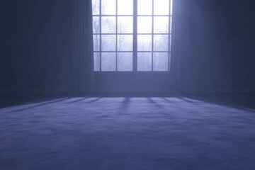 A window with a curtain is open, letting in a dim light