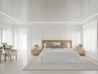 Modern bedroom interior with white walls and minimalist decor