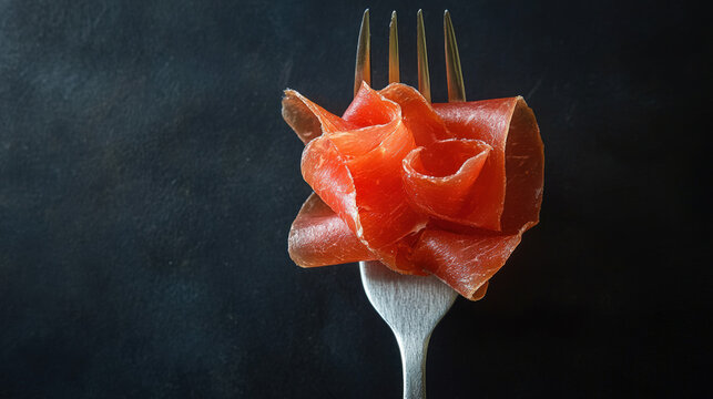 Thin Slices of Prosciutto on a Fork Against Dark Background