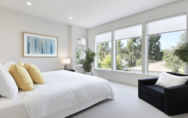Fototapeta premium Bright and modern bedroom with large windows and minimalist decor