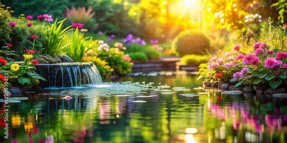 Poster serene artificial pond with floating flowers and cascading waterfall - bokeh effect stock photo