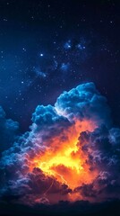 Fototapeta premium Bright neon-colored clouds with glowing lightning and stars. Perfect for dreamlike, magical, and artistic visuals.
