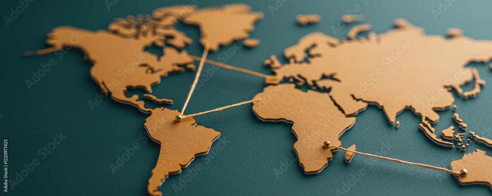 Poster a stylized world map in gold, highlighting continents with connection lines, symbolizing global comm