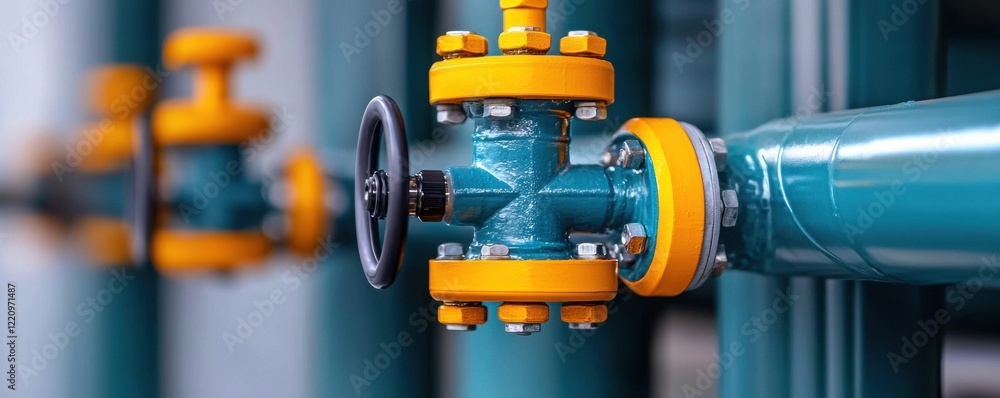 Poster a close-up of a colorful industrial valve on a pipeline, featuring bright yellow and blue components