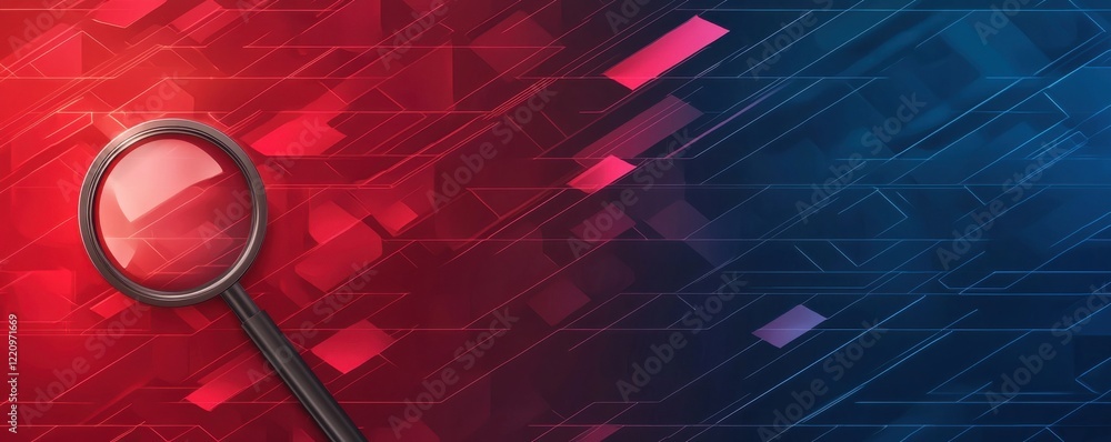 Poster a vibrant digital background featuring a magnifying glass, blending red and blue colors with abstrac