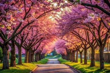 Naklejka premium Serene Cherry Blossom Landscape: Vibrant Pink Blossoms Against Lush Greenery