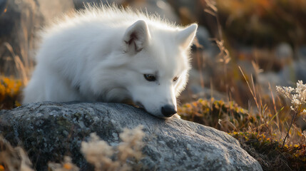Obraz premium samoyed sniffing rock