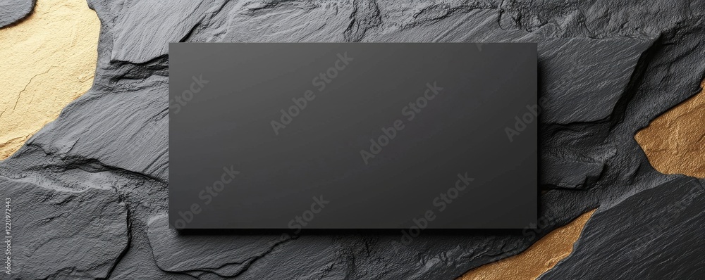 Poster a sleek, dark rectangle rests on textured stone, showcasing modern design and minimalism in a simple