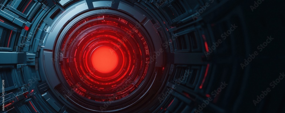 Poster a futuristic, circular tunnel features a glowing red center, surrounded by intricate mechanical stru