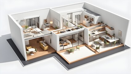 Modern minimalist apartment cutaway 3D rendering showcasing open-plan living, kitchen, and outdoor terrace.