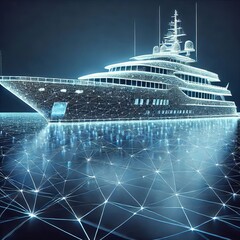 Fototapeta premium A digital rendering of a large luxury yacht is depicted against a dark blue background. 