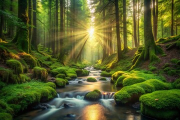 Fototapeta premium Serene Forest Stream: Minimalist Nature Photography - Tranquil Green Canopy Sunlight